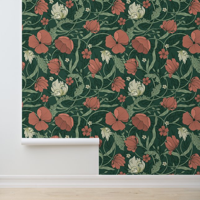 William Morris Inspirierte Green Red Botanical Flo Tapete (Anwendung)