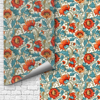 William Morris inspirierte Terracotta Pastellblau Tapete