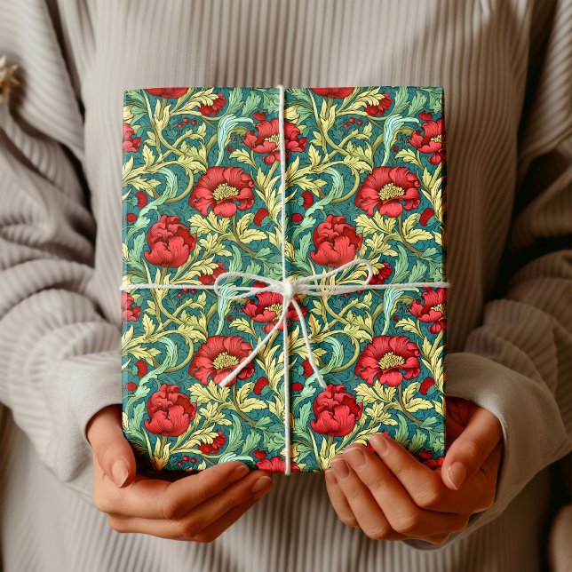 William Morris inspirierte tiefrot pastellgrün Geschenkpapier (William Morris inspired deep red pastel green blue Wrapping Paper)
