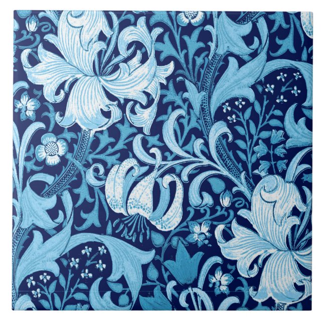 William Morris-Iris und Lilie, Indigo-Blau Fliese (Vorderseite)
