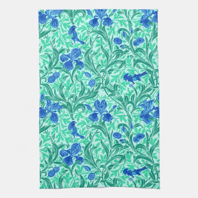 William Morris Irises, Cobalt Blue, Aqua und Aquam Geschirrtuch (Vertikal)