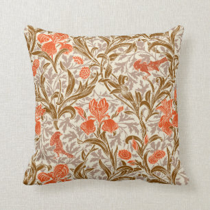 William Morris Irises, Coral Orange, Brown & Beige Kissen