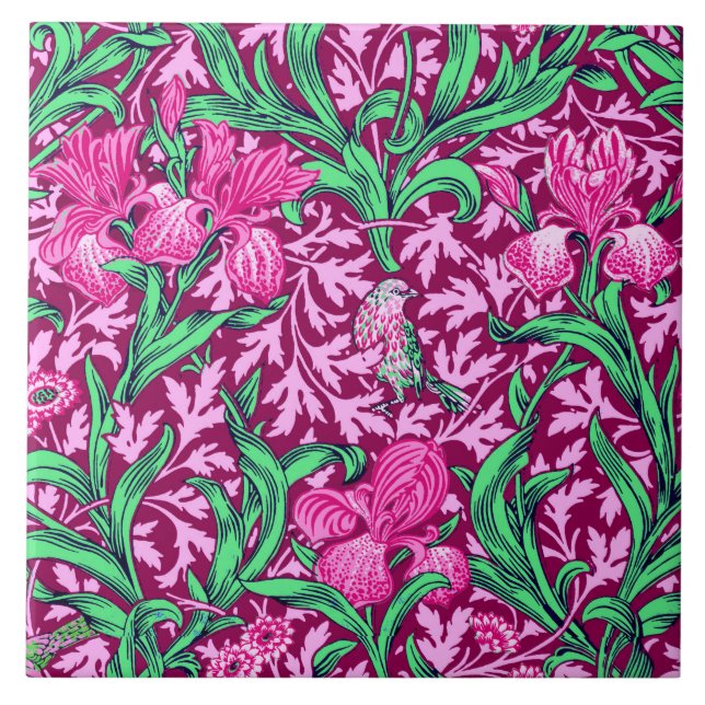 William Morris Irises, Fuchsia Pink und Wein Fliese (Vorderseite)
