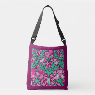William Morris Irises, Fuchsia Pink und Wein Tragetaschen Mit Langen Trägern