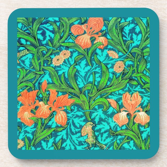 William Morris Irises, Orange und Türkis Getränkeuntersetzer (Vorderseite)