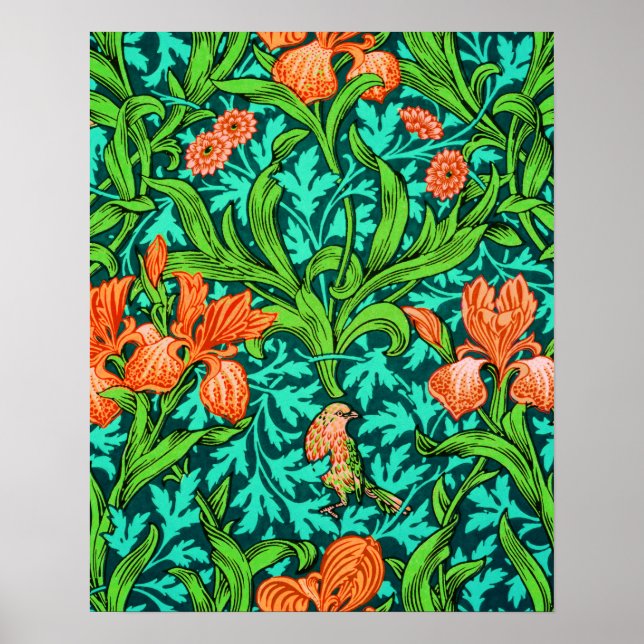 William Morris Irises, Orange und Türkis Poster (Vorne)