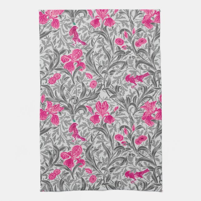 William Morris Irises, Pink und Silver Gray / Grau Geschirrtuch (Vertikal)