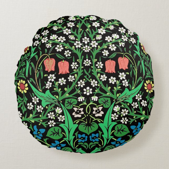 William Morris Jacobobobohne, floral, schwarzer Hi Rundes Kissen (Vorderseite)