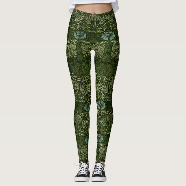 William Morris Large Green Blätter & Blue Blume Leggings (Vorderseite)