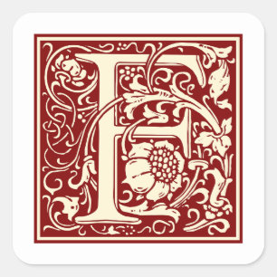 William Morris Letter F Monogram Initial Red Quadratischer Aufkleber