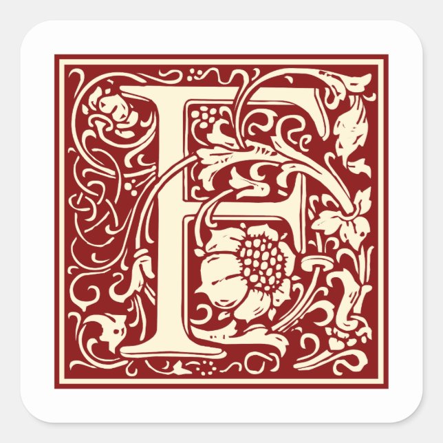 William Morris Letter F Monogram Initial Red Quadratischer Aufkleber (Vorderseite)