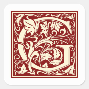 William Morris Letter G Monogram Initial Red Quadratischer Aufkleber