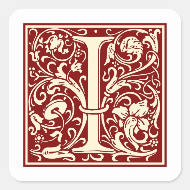 William Morris Letter I Monogram Initial Red Quadratischer Aufkleber (Vorderseite)