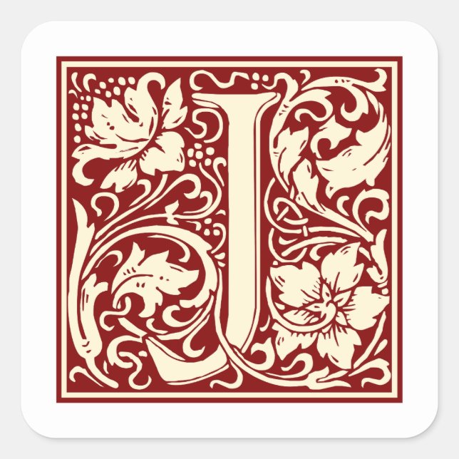 William Morris Letter J Monogram Initial Red Quadratischer Aufkleber (Vorderseite)