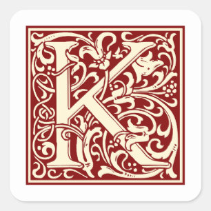 William Morris Letter K Monogram Initial Red Quadratischer Aufkleber