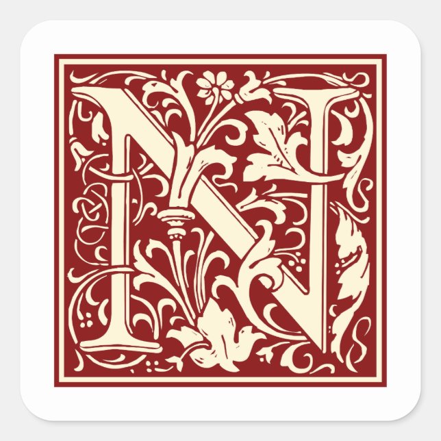 William Morris Letter N Monogram Initial Red Quadratischer Aufkleber (Vorderseite)