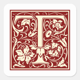William Morris Letter T Monogram Initial Red Quadratischer Aufkleber
