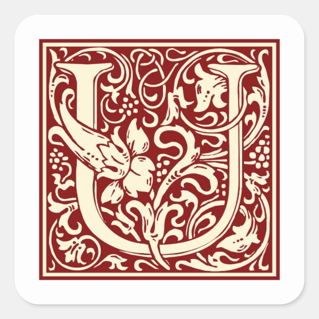 William Morris Letter U Monogram Initial Red Quadratischer Aufkleber (Vorderseite)