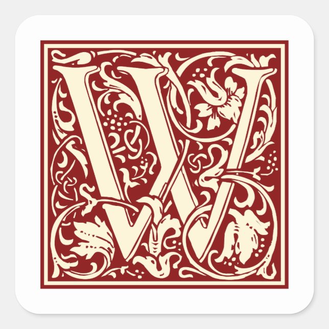 William Morris Letter W Monogram Initial Red Quadratischer Aufkleber (Vorderseite)