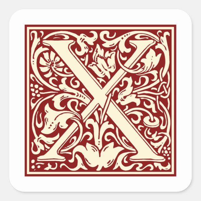 William Morris Letter X Monogram Initial Red Quadratischer Aufkleber (Vorderseite)