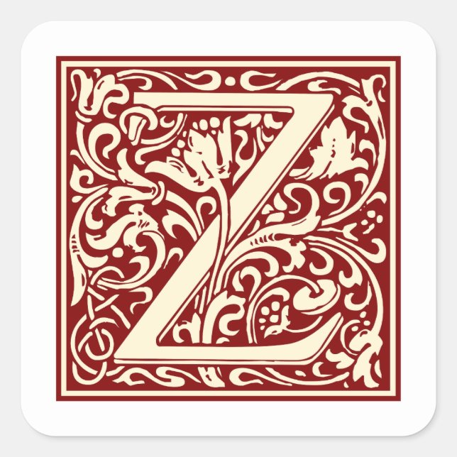 William Morris Letter Z Monogram Initial Red Quadratischer Aufkleber (Vorderseite)