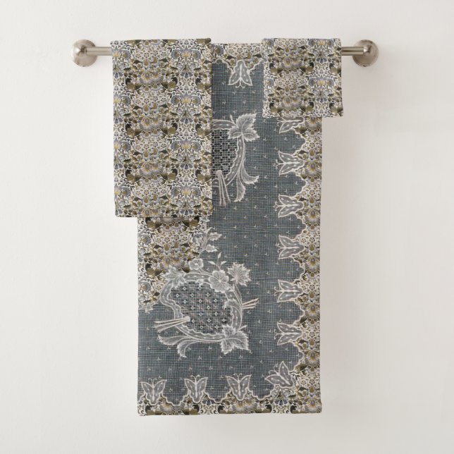 William Morris Lodden Grau Goldlitze Badhandtuch Set (Insitu)