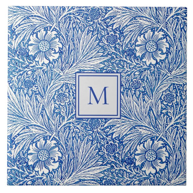 William Morris Marigold Blau Monogramm Fliese (Vorderseite)