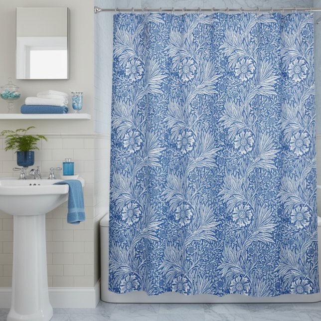 William Morris Marigold Blue Duschvorhang (elegant vintage william morris shower curtain, blue and white marigold floral pattern,home decor)