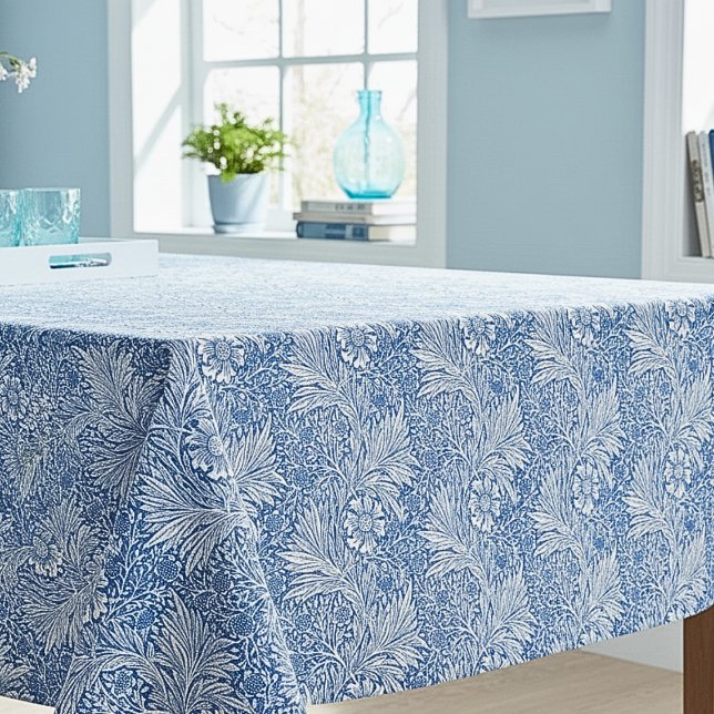 William Morris Marigold Blue Floral Tischdecke (elegant vintage blue and white William Morris floral tablecloth with "Marigold" pattern)