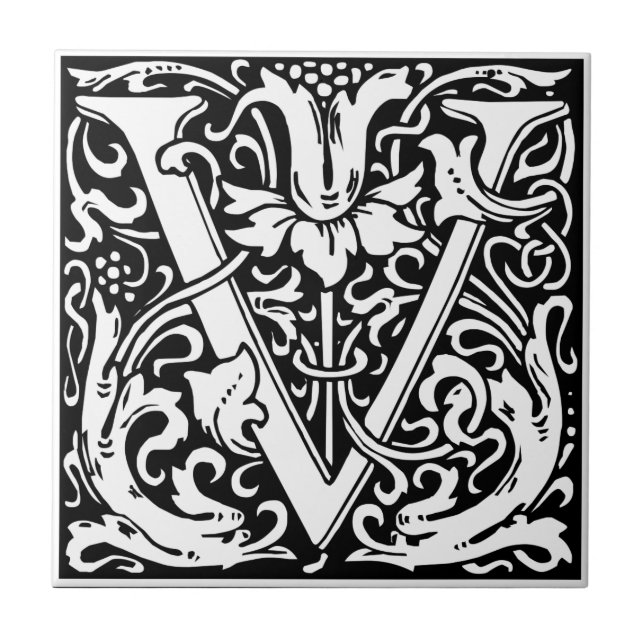 William Morris Mit Monogramm Letter V Fliese (Vorderseite)
