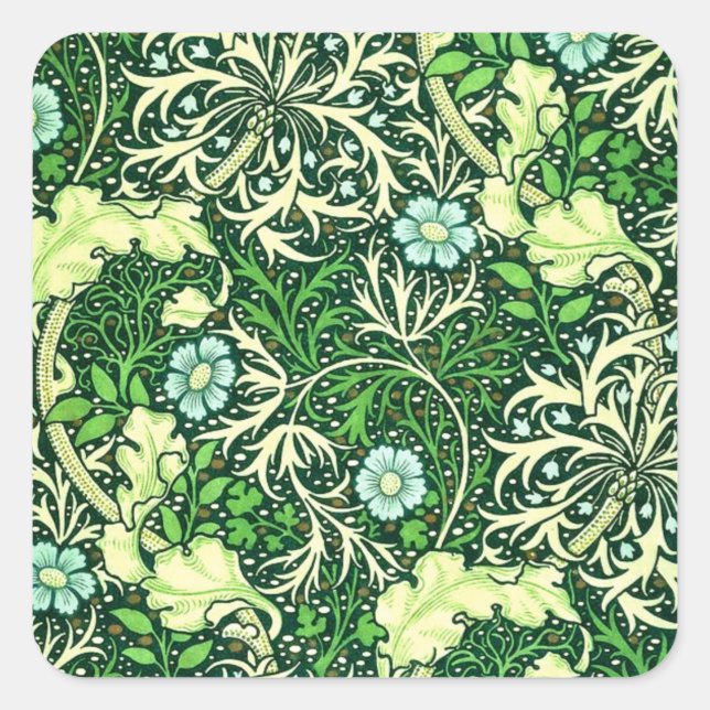 William Morris - Muster der grünen Algen Quadratischer Aufkleber (Vorderseite)