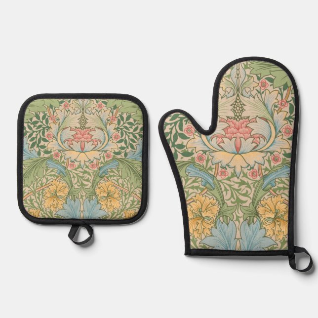 William Morris Myrtle Blume Floral Botanical Ofenhandschuh & Topflappen-Set (Vorderseite)