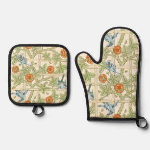 William Morris nahtloses Gitter-Rosen-Vogel-Muster Ofenhandschuh & Topflappen-Set