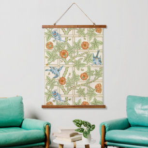 William Morris nahtloses Gitter-Rosen-Vogel-Muster Wandteppich Mit Holzrahmen