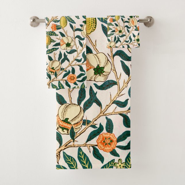 William Morris Obstpomegranat Weiße Ornamente Badhandtuch Set (Insitu)