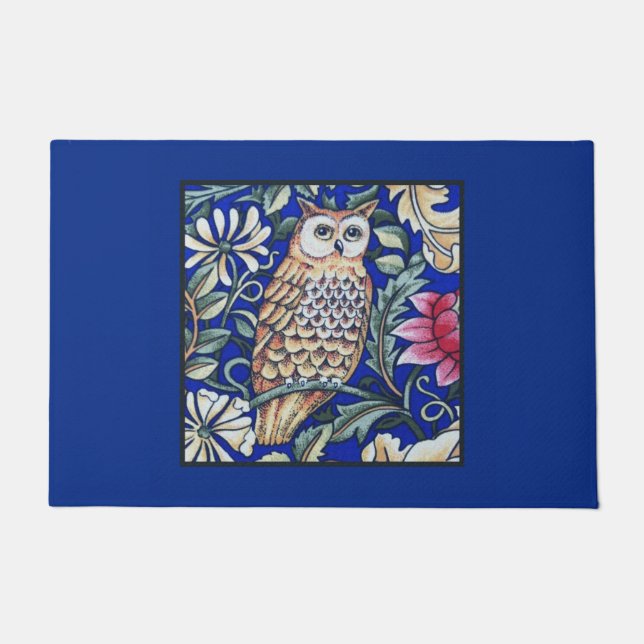 William Morris Owl Tapestry, Beige und Cobalt Blue Fußmatte (Vorderseite)