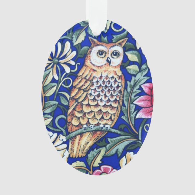 William Morris Owl Tapestry, Beige und Cobalt Blue Ornament (Vorderseite)