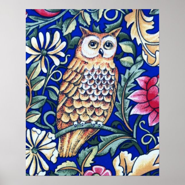 William Morris Owl Tapestry, Beige und Cobalt Blue Poster (Vorne)