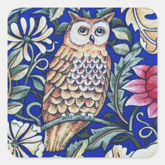 William Morris Owl Tapestry, Beige und Cobalt Blue Quadratischer Aufkleber (Vorderseite)