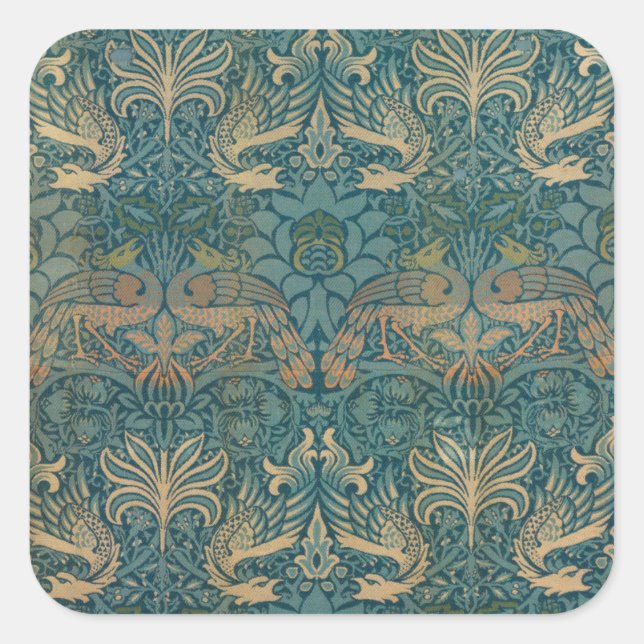 William Morris Peacock and Dragon Textile Design Quadratischer Aufkleber (Vorderseite)