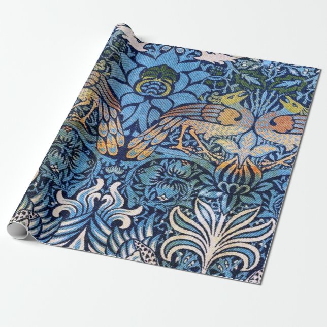William Morris Pfau und Drache Blaues Muster Geschenkpapier (Ungerollt)