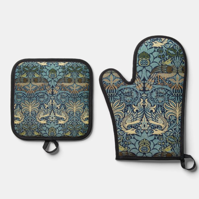 William Morris Pfau und Drache Webdesign Ofenhandschuh & Topflappen-Set (Vorderseite)