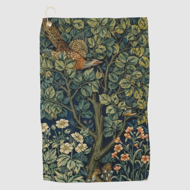 William Morris Pheasant Bird Tree Woodland Golfhandtuch (Vorderseite)