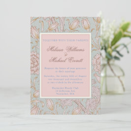 William Morris, Pink Wild Tulips Soft Blue Wedding Einladung