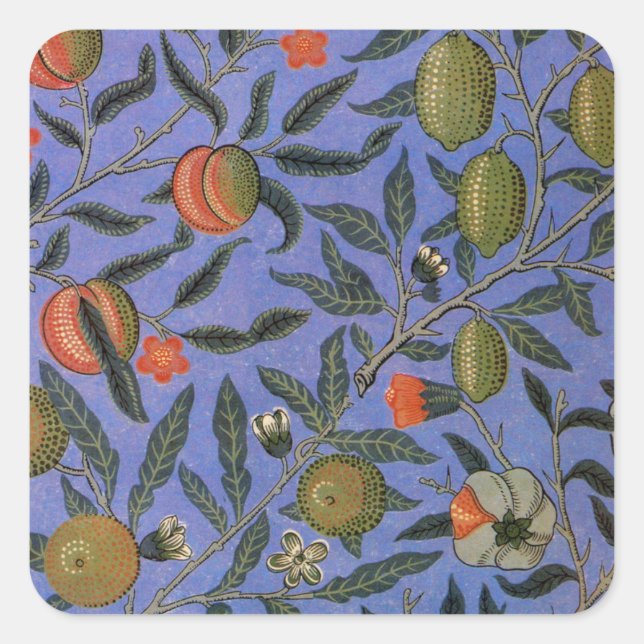 William Morris Pomegranate Blue Colorful Wallpaper Quadratischer Aufkleber (Vorderseite)