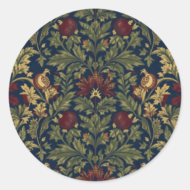 William Morris Pomegranate Floral Navy Pattern Runder Aufkleber (Vorderseite)
