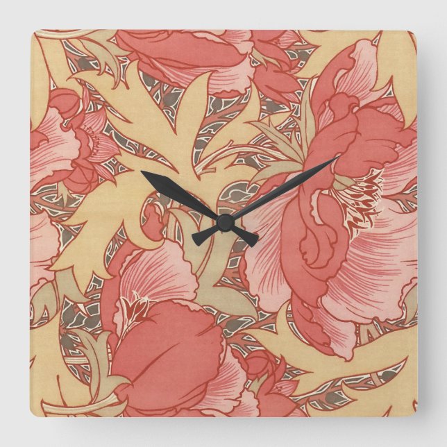 William Morris Poppies Floral Art Nouveau Pattern Quadratische Wanduhr (Vorderseite)