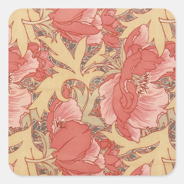 William Morris Poppies Floral Quadratischer Aufkleber (Vorderseite)