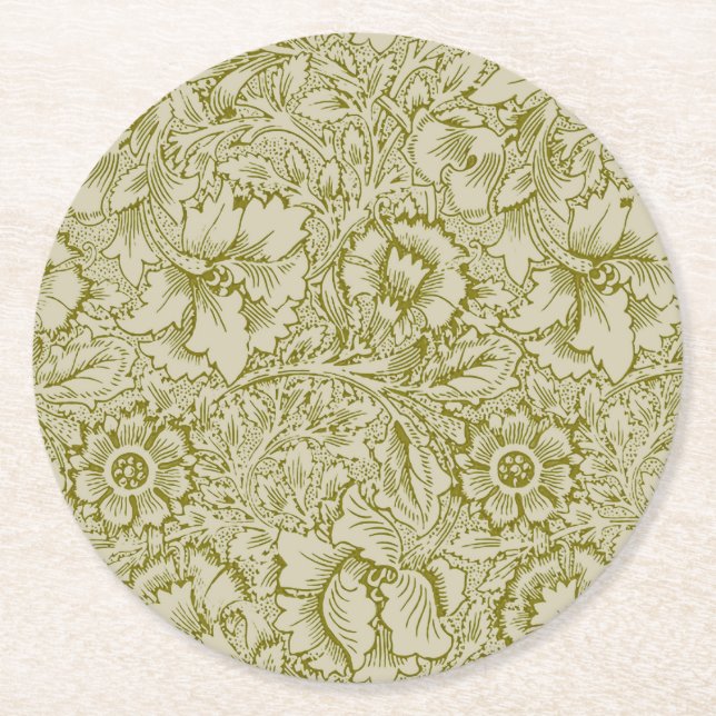 William Morris Poppy Classic Floral Green Runder Pappuntersetzer (Vorderseite)