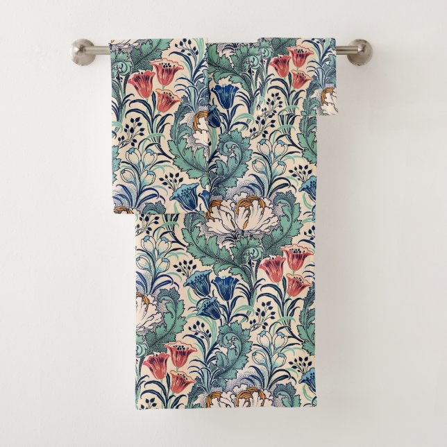 William Morris Red Blue Aquamarin Floral Pattern Badhandtuch Set (Insitu)